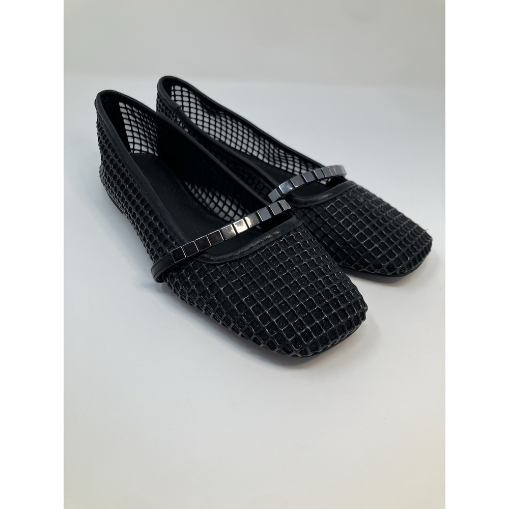 Sanctuary Cache Mesh Flats Black Leather Square Toe Studded Strap Women's 6M
